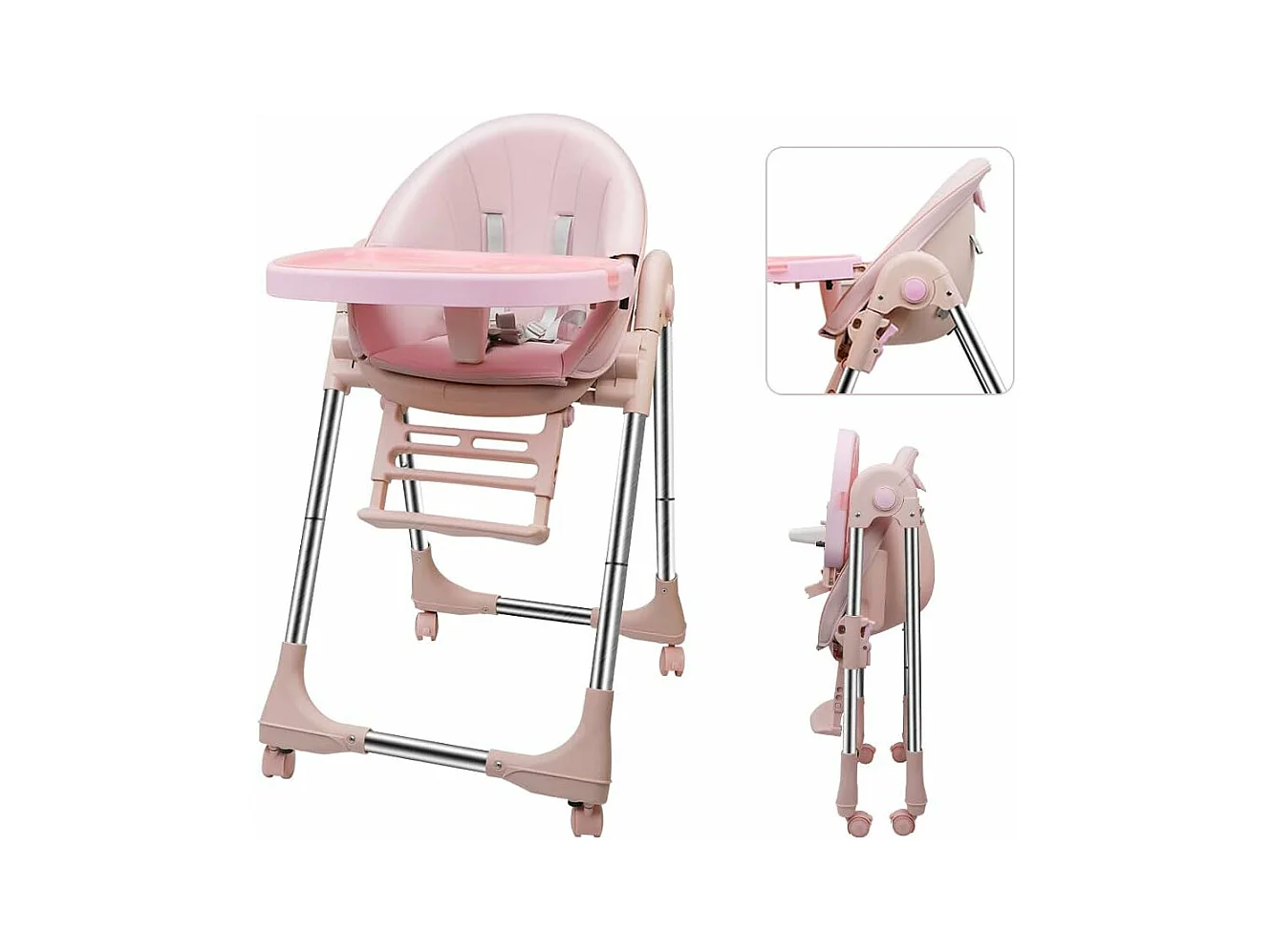 Chaise Haute Bébé Pliable Evolutive, Chaise Haute Enfant Réglable, Nettoyage facile, Avec Roulettes, Rose