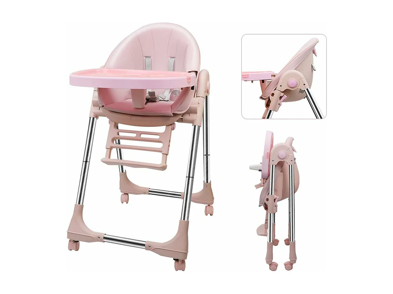 Chaise Haute Bébé Pliable Evolutive, Chaise Haute Enfant Réglable, Nettoyage facile, Avec Roulettes, Rose