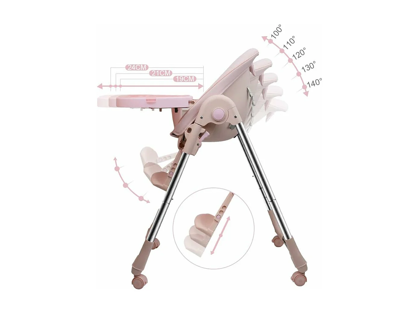 Chaise Haute Bébé Pliable Evolutive, Chaise Haute Enfant Réglable, Nettoyage facile, Avec Roulettes, Rose