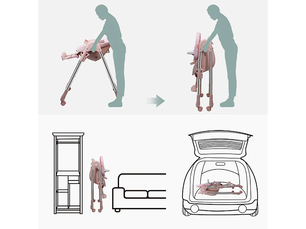 Chaise Haute Bébé Pliable Evolutive, Chaise Haute Enfant Réglable, Nettoyage facile, Avec Roulettes, Rose