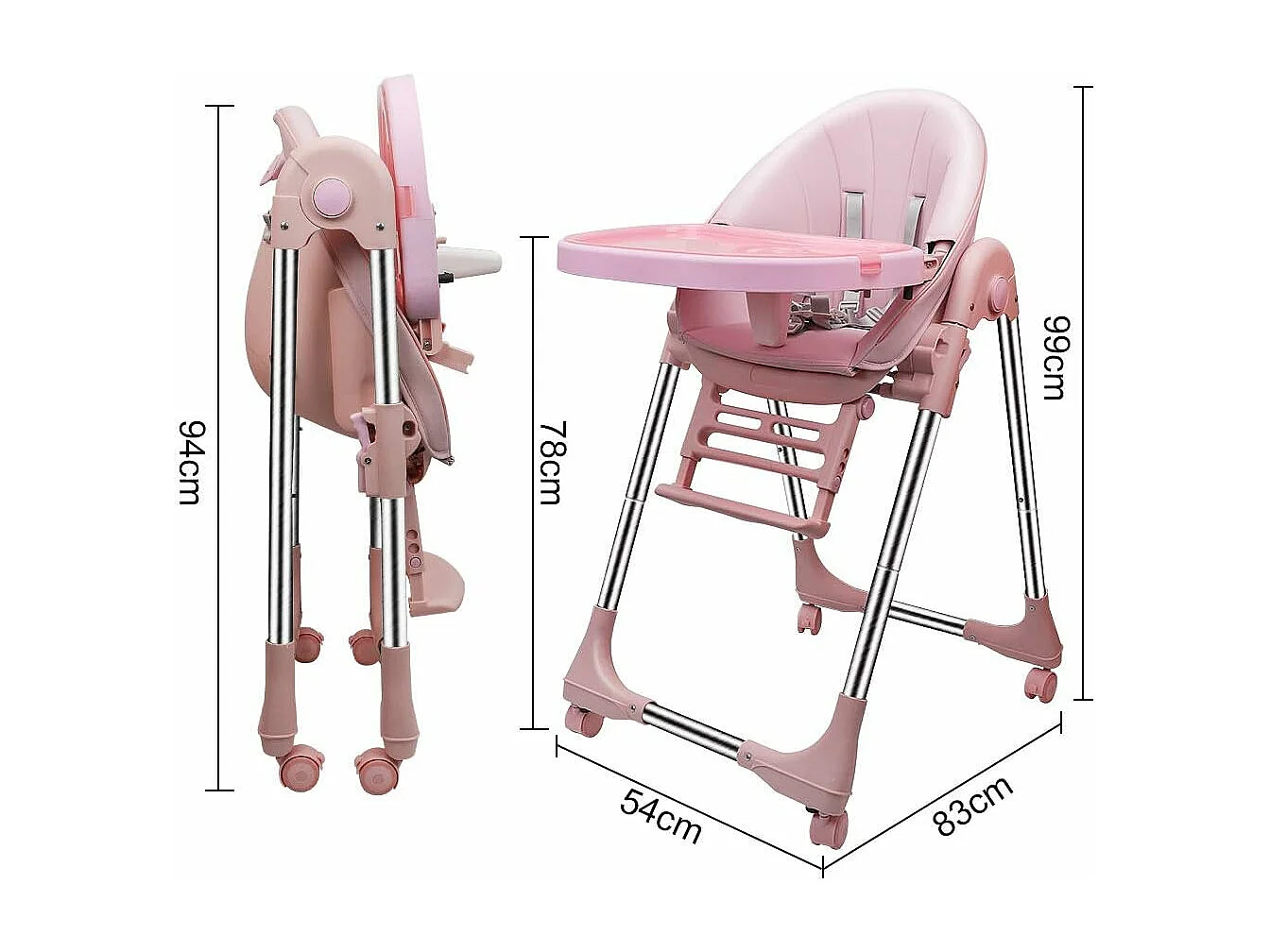 Chaise Haute Bébé Pliable Evolutive, Chaise Haute Enfant Réglable, Nettoyage facile, Avec Roulettes, Rose