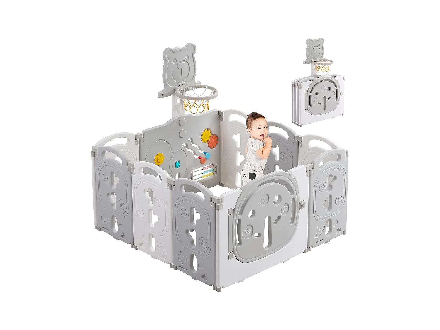 Yoleo Parc Bébé Pliable 8+2 Panneaux,Barrière de Sécurité Portail Parc avec Panier de Basket,Parc enfants Centre d'activités de sécurité, Plastique,Gris