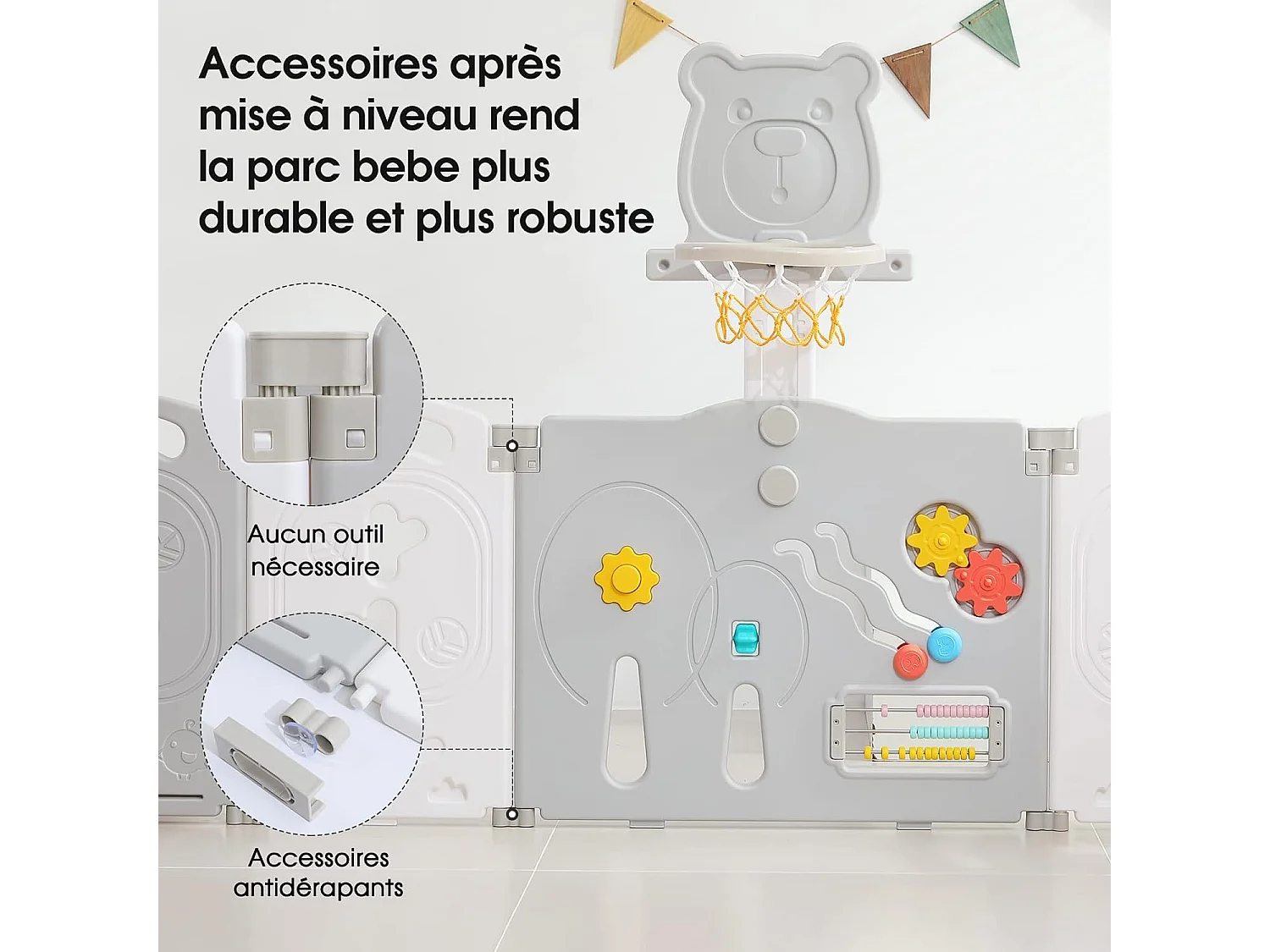Yoleo Parc Bébé Pliable 8+2 Panneaux,Barrière de Sécurité Portail Parc avec Panier de Basket,Parc enfants Centre d'activités de sécurité, Plastique,Gris
