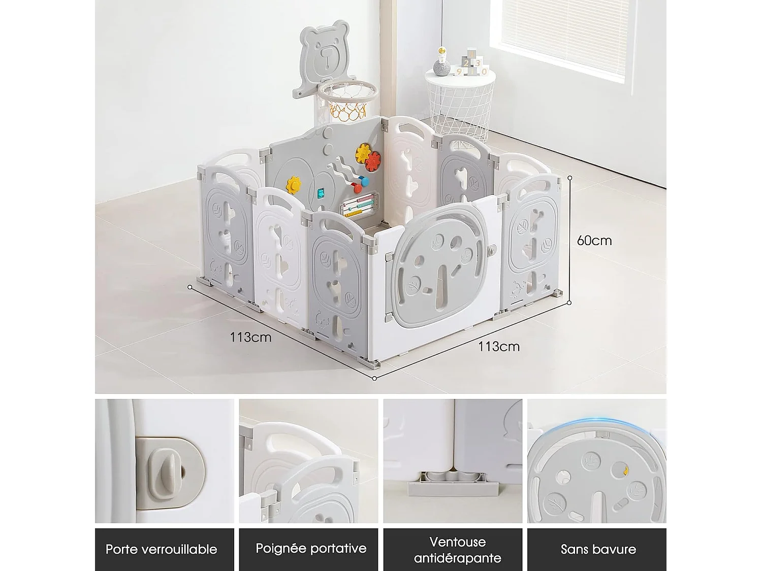 Yoleo Parc Bébé Pliable 8+2 Panneaux,Barrière de Sécurité Portail Parc avec Panier de Basket,Parc enfants Centre d'activités de sécurité, Plastique,Gris