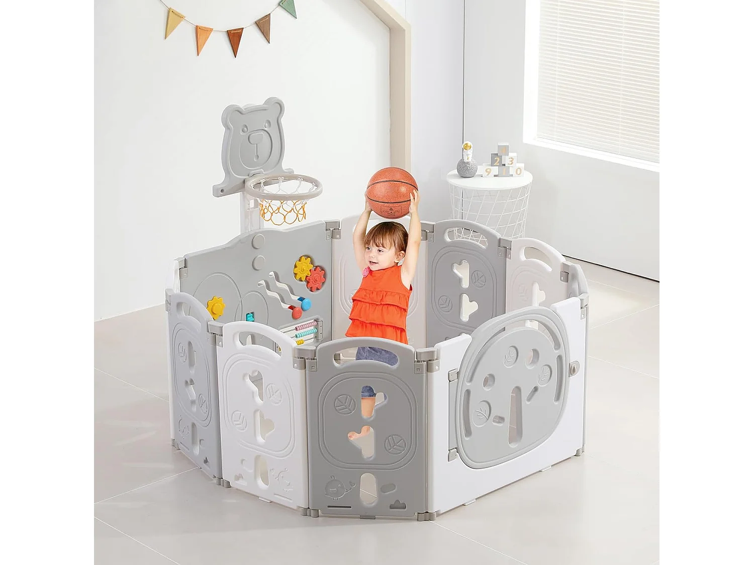 Yoleo Parc Bébé Pliable 8+2 Panneaux,Barrière de Sécurité Portail Parc avec Panier de Basket,Parc enfants Centre d'activités de sécurité, Plastique,Gris