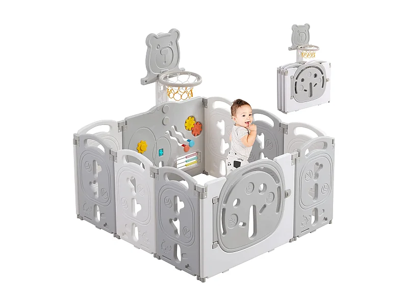 Yoleo pieghevole baby park 8+2 pannelli, portale del portale della barriera di sicurezza con cestino da basket, attività di sicurezza per bambini, plastica, grigio