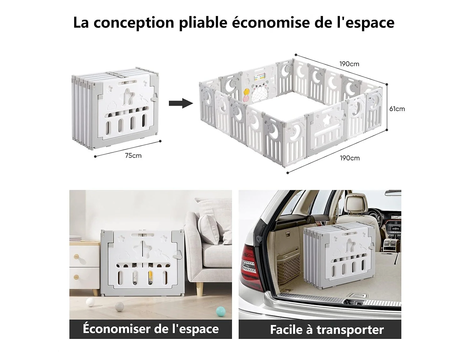 Parc Bebe Dripex - en Plastique Ecologique Gris - 16+2 Panneaux - avec Porte - 190 x 190 x 61 cm