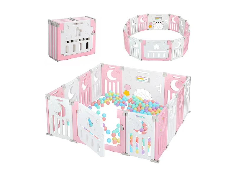 Babybox 12+2 panelen, veiligheidshek, milieuvriendelijk kunststof beschermingsrooster, 150x150x62cm - roze