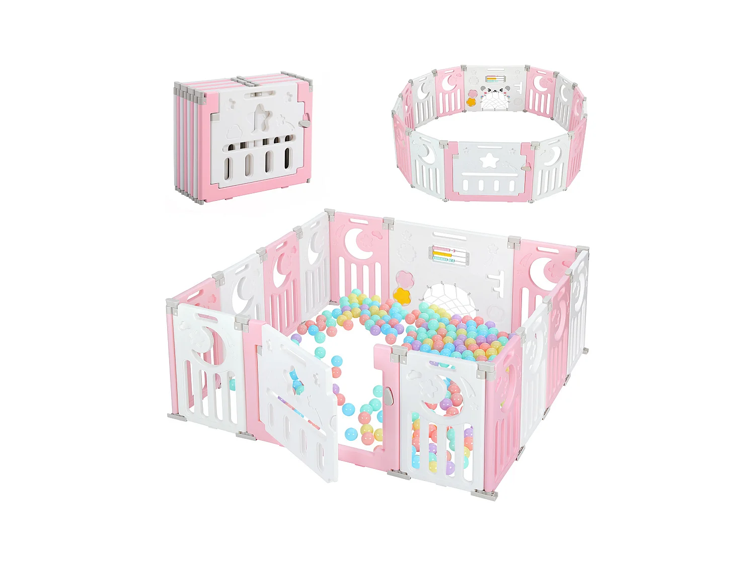Parc Bébé 12+2 Panneaux,Barrière de Sécurité Portail,Grille de Protection en Plastiqu Ecologiques,150x150x62cm - Rose