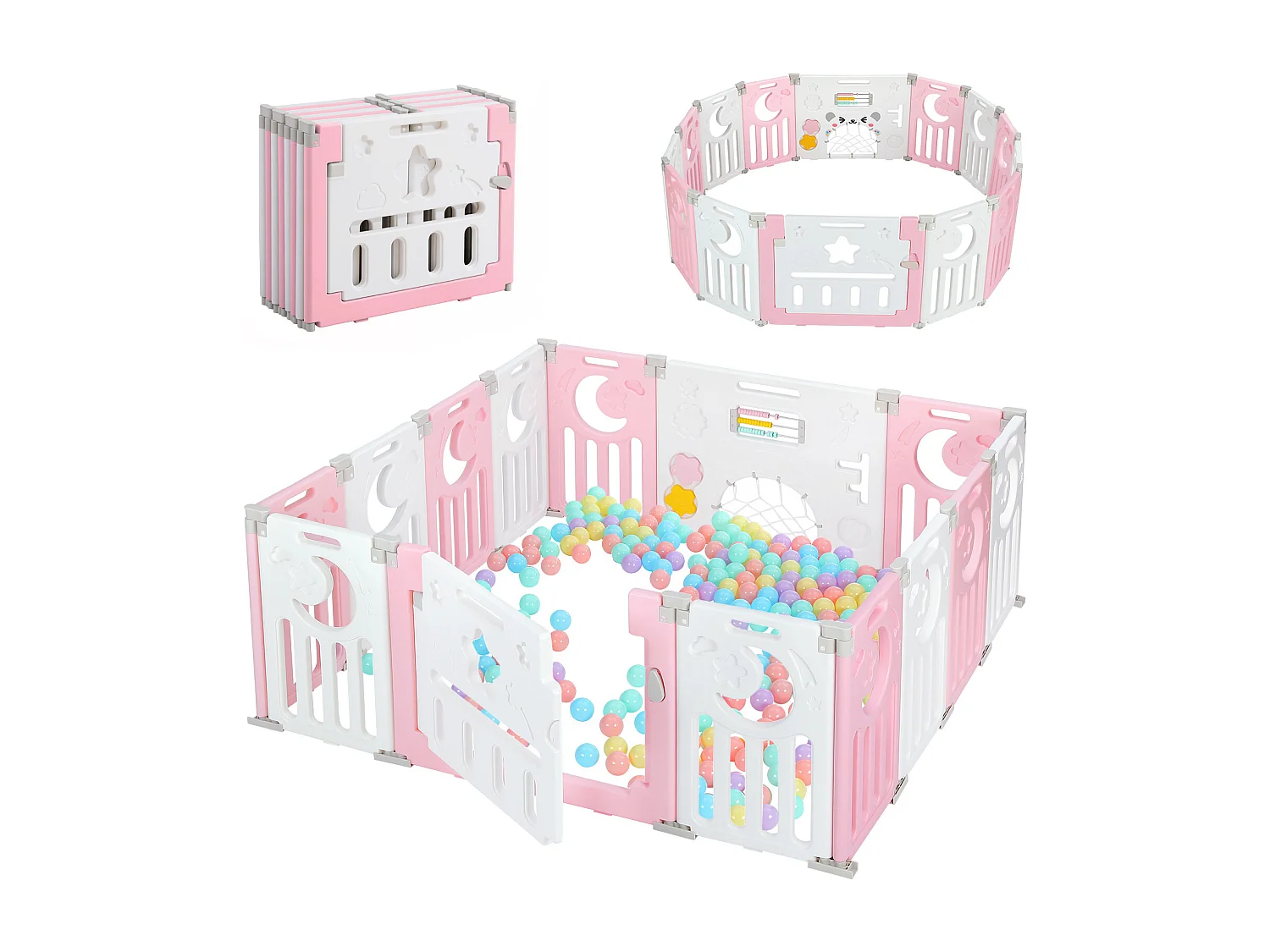 Parc Bébé 12+2 Panneaux,Barrière de Sécurité Portail,Grille de Protection en Plastiqu Ecologiques,150x150x62cm - Rose