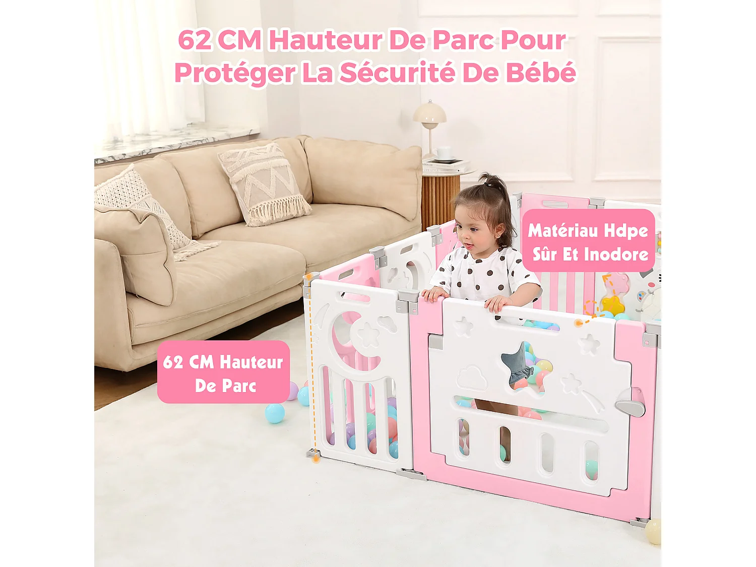 Parc Bébé 12+2 Panneaux,Barrière de Sécurité Portail,Grille de Protection en Plastiqu Ecologiques,150x150x62cm - Rose