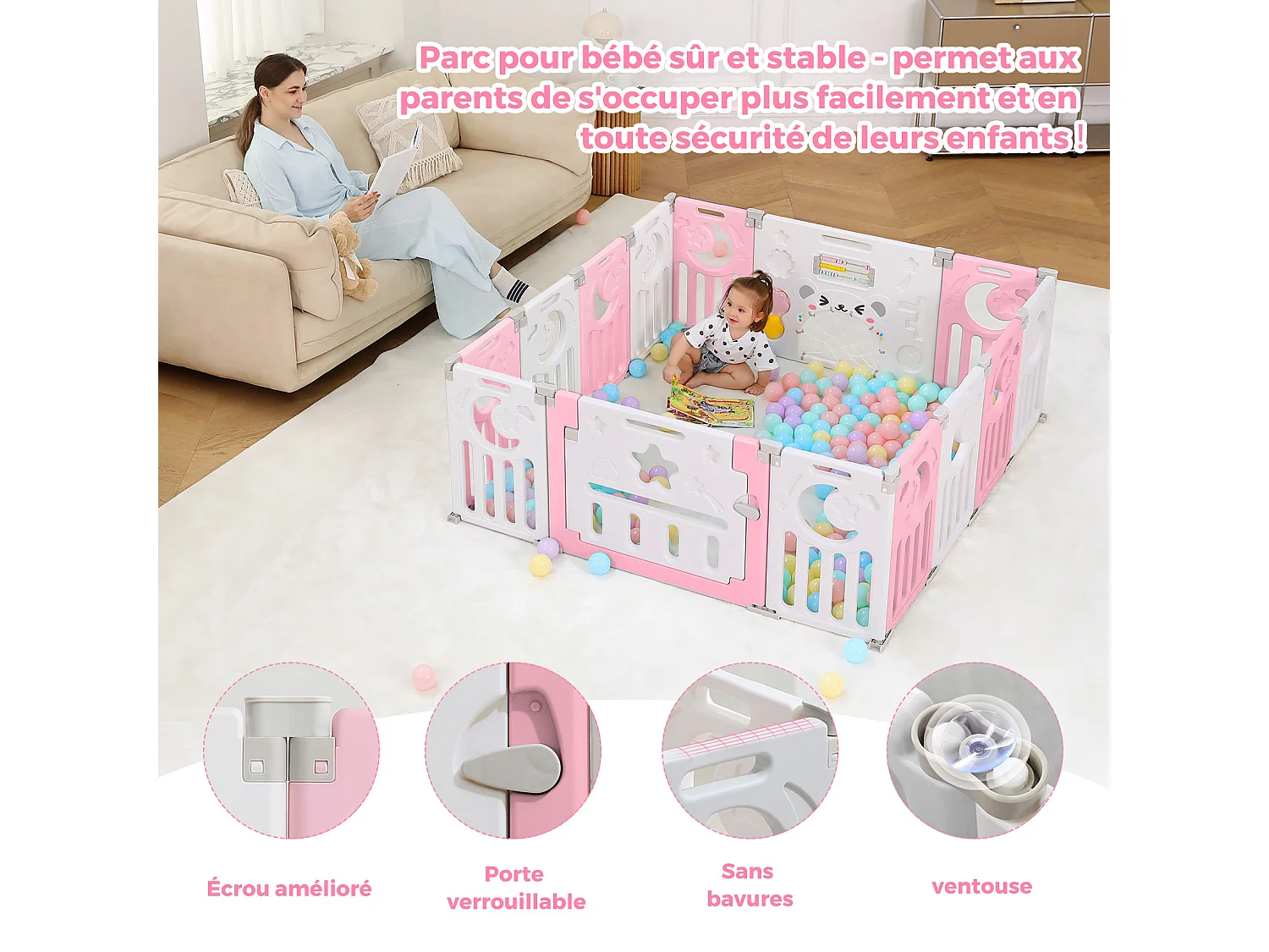 Parc Bébé 12+2 Panneaux,Barrière de Sécurité Portail,Grille de Protection en Plastiqu Ecologiques,150x150x62cm - Rose