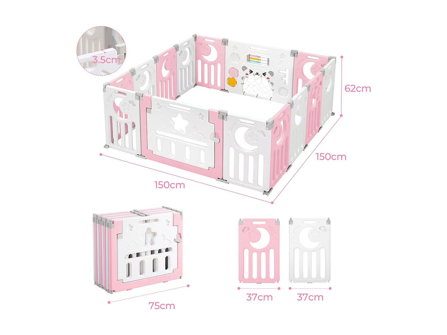 Parc Bébé 12+2 Panneaux,Barrière de Sécurité Portail,Grille de Protection en Plastiqu Ecologiques,150x150x62cm - Rose