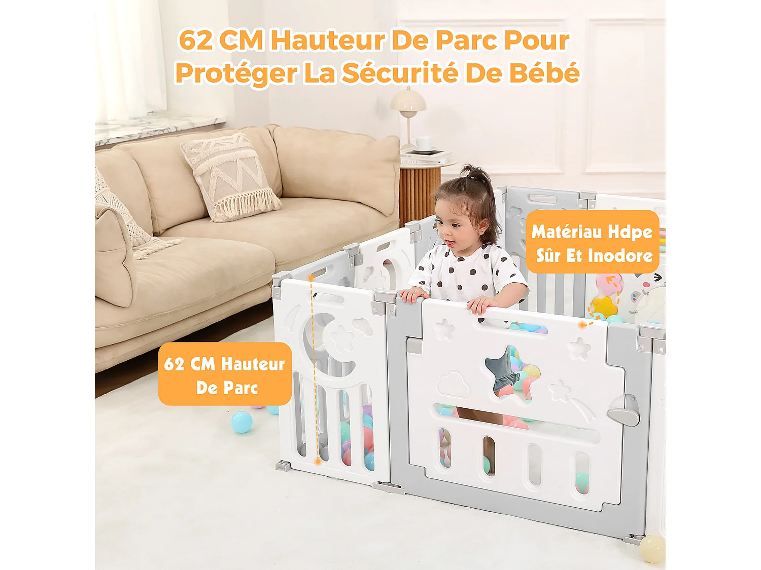 Baby Park 12+2 panelen, ecologisch vlotte beschermingsrooster, 150x150x62cm, grijs