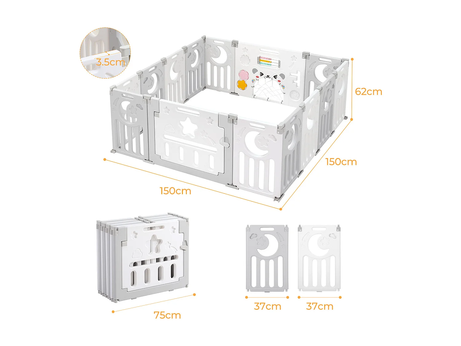 Baby Park 12+2 panelen, ecologisch vlotte beschermingsrooster, 150x150x62cm, grijs