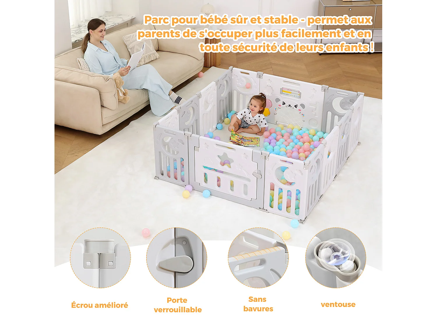 Parc Bébé 12+2 Panneaux,Barrière de Sécurité Portail,Grille de Protection en Plastiqu Ecologiques,150x150x62cm - Gris