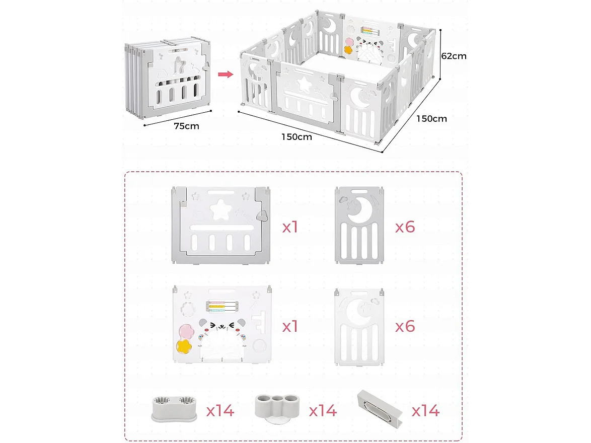 Parc Bébé 12+2 Panneaux,Barrière de Sécurité Portail,Grille de Protection en Plastiqu Ecologiques,150x150x62cm - Gris