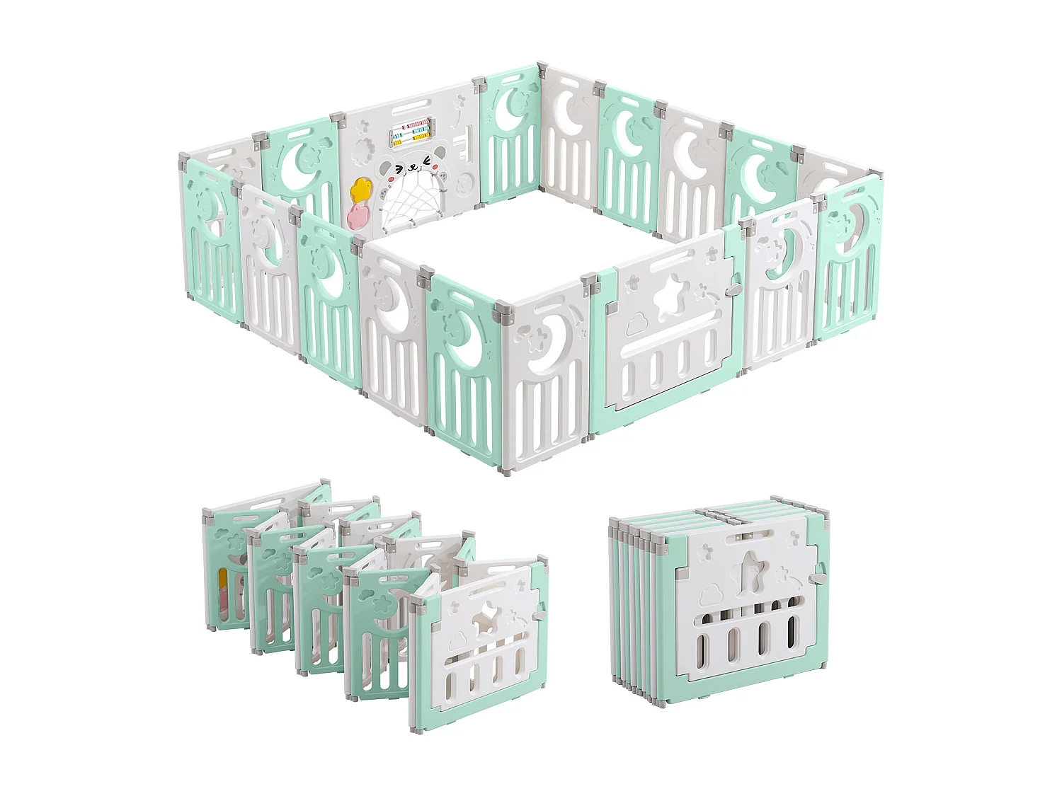 Babybox 16+2 panelen, XXL boxhekveiligheidshek, ecologisch kunststof beschermingsrooster met deur, 190x190cm-groen