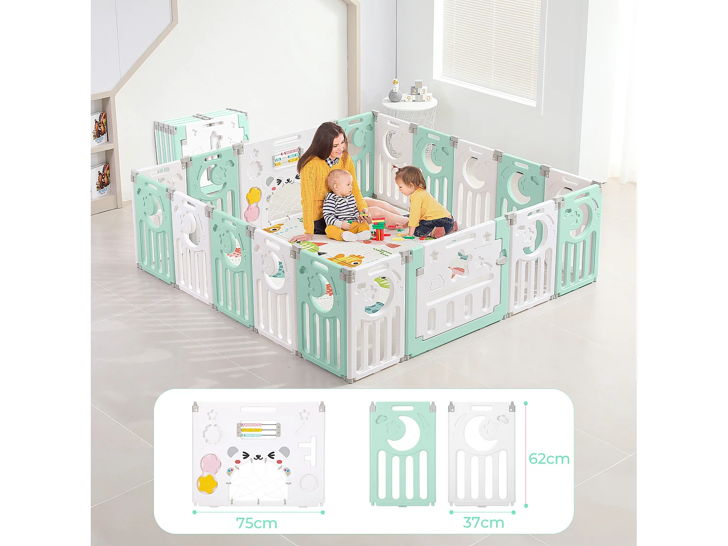 Babybox 16+2 panelen, XXL boxhekveiligheidshek, ecologisch kunststof beschermingsrooster met deur, 190x190cm-groen
