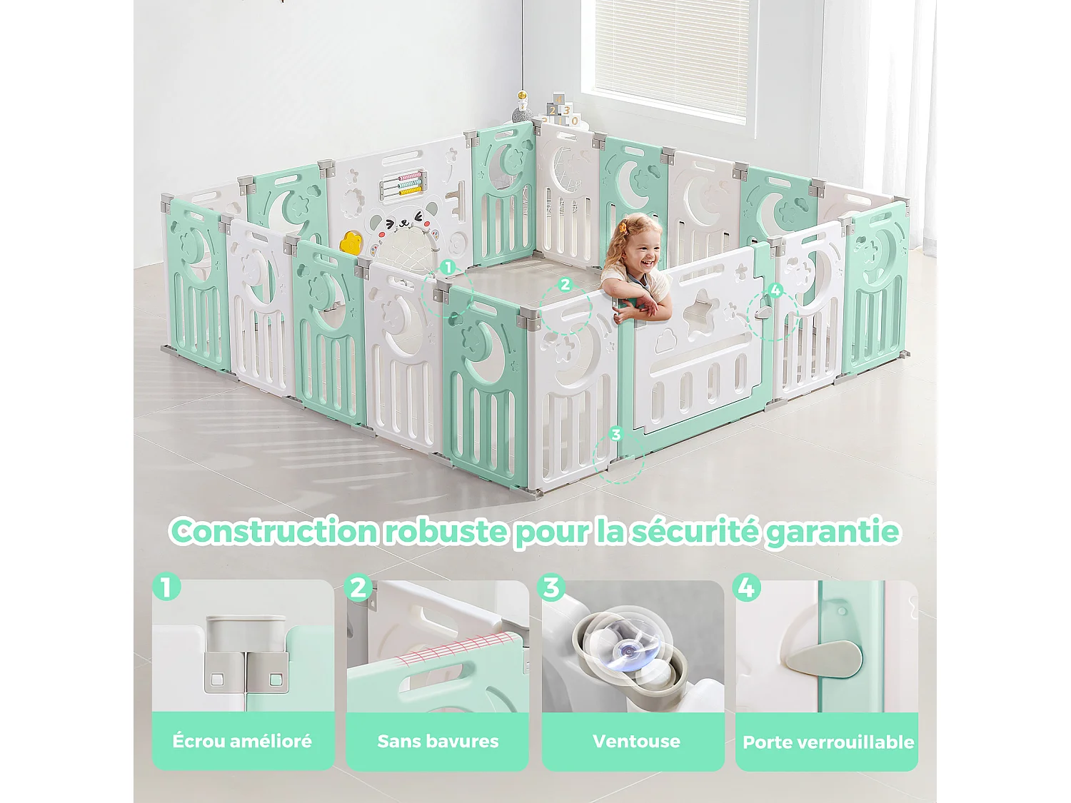 Babybox 16+2 panelen, XXL boxhekveiligheidshek, ecologisch kunststof beschermingsrooster met deur, 190x190cm-groen