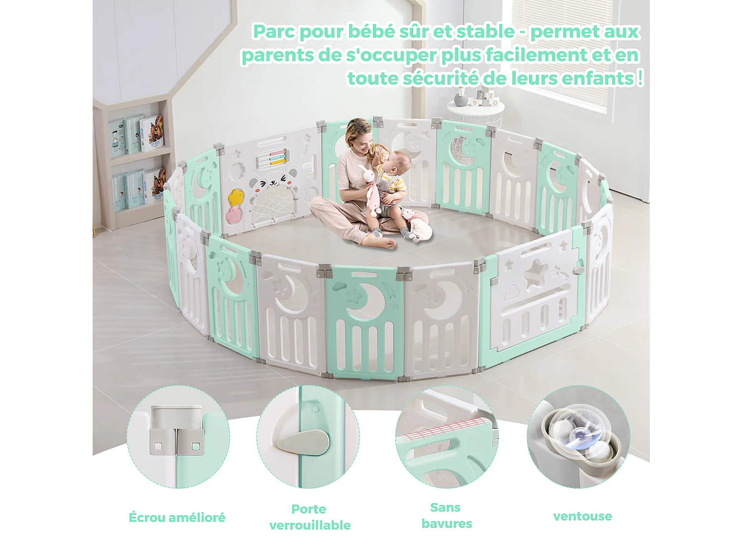 Babybox 16+2 panelen, XXL boxhekveiligheidshek, ecologisch kunststof beschermingsrooster met deur, 190x190cm-groen