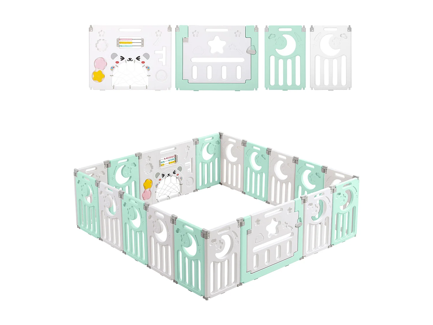 Babybox 16+2 panelen, XXL boxhekveiligheidshek, ecologisch kunststof beschermingsrooster met deur, 190x190cm-groen