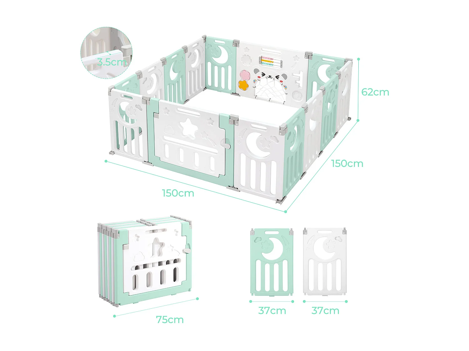 Parc Bébé 12+2 Panneaux,Barrière de Sécurité Portail,Grille de Protection en Plastiqu Ecologiques,150x150x62cm - Vert