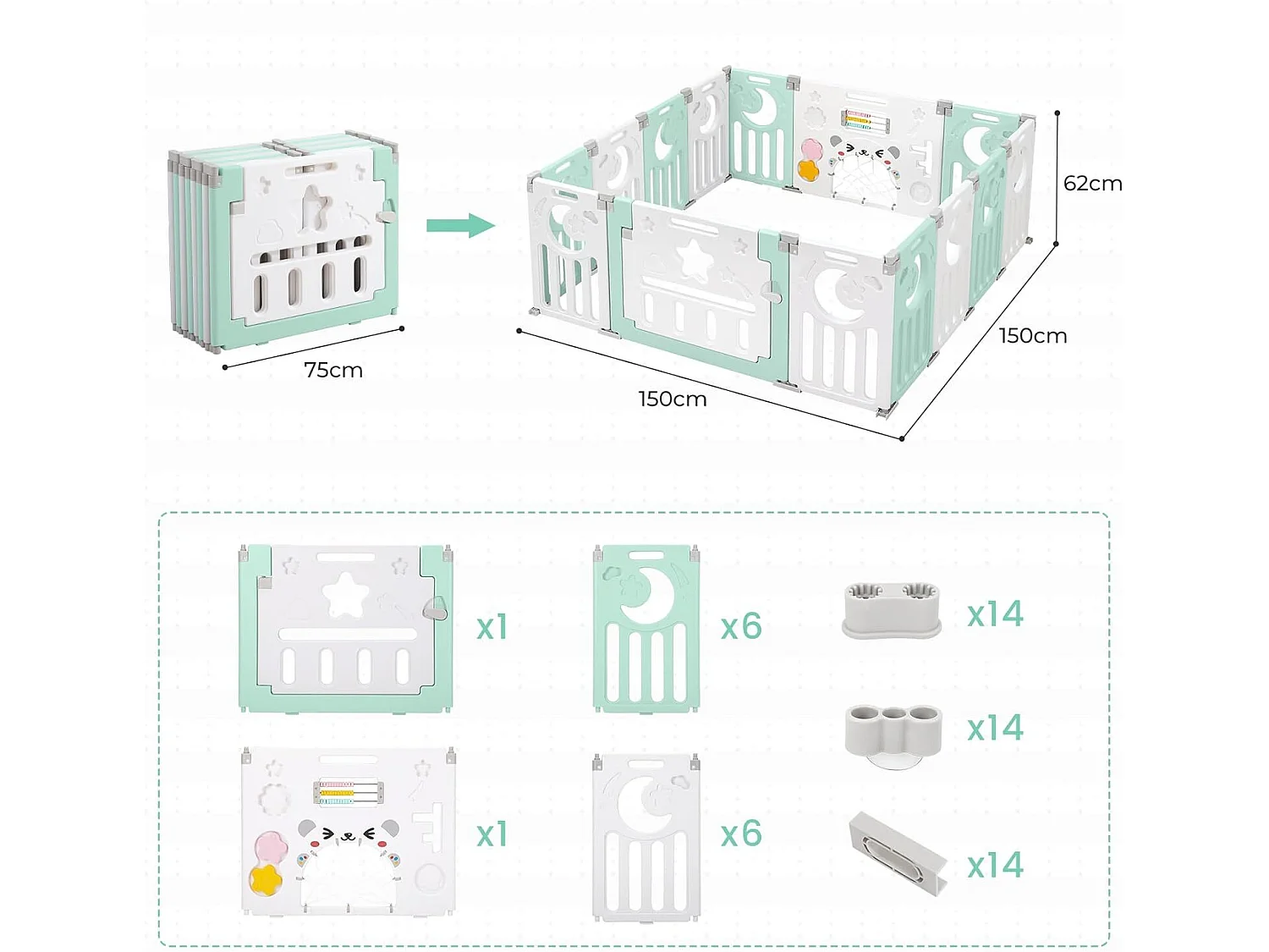 Parc Bébé 12+2 Panneaux,Barrière de Sécurité Portail,Grille de Protection en Plastiqu Ecologiques,150x150x62cm - Vert