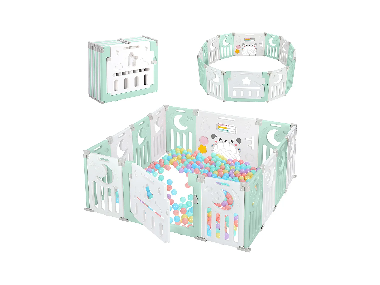 Parc Bébé 12+2 Panneaux,Barrière de Sécurité Portail,Grille de Protection en Plastiqu Ecologiques,150x150x62cm - Vert
