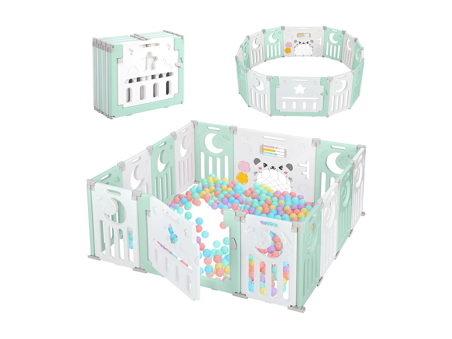 Parc Bébé 12+2 Panneaux,Barrière de Sécurité Portail,Grille de Protection en Plastiqu Ecologiques,150x150x62cm - Vert