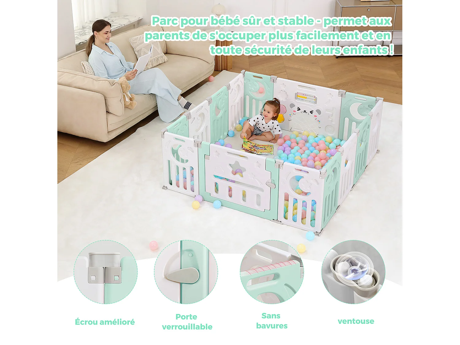 Parc Bébé 12+2 Panneaux,Barrière de Sécurité Portail,Grille de Protection en Plastiqu Ecologiques,150x150x62cm - Vert