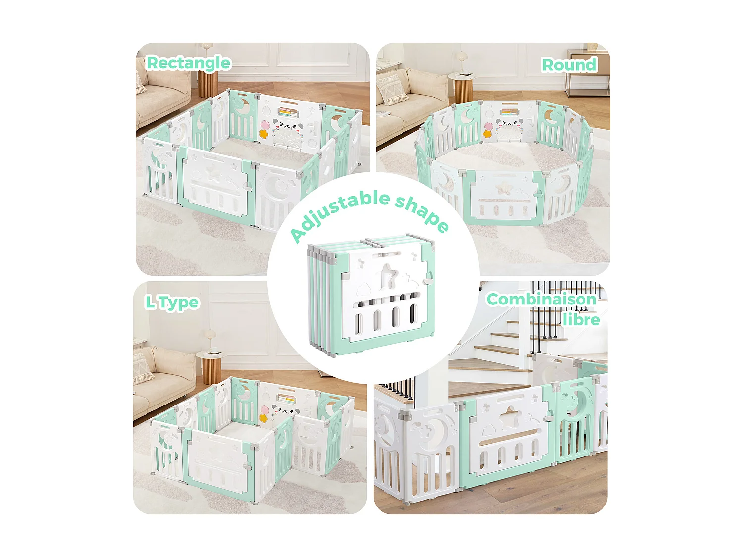 Parc Bébé 12+2 Panneaux,Barrière de Sécurité Portail,Grille de Protection en Plastiqu Ecologiques,150x150x62cm - Vert