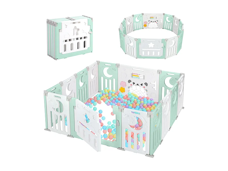 Parc Bébé 12+2 Panneaux,Barrière de Sécurité Portail,Grille de Protection en Plastiqu Ecologiques,150x150x62cm - Vert