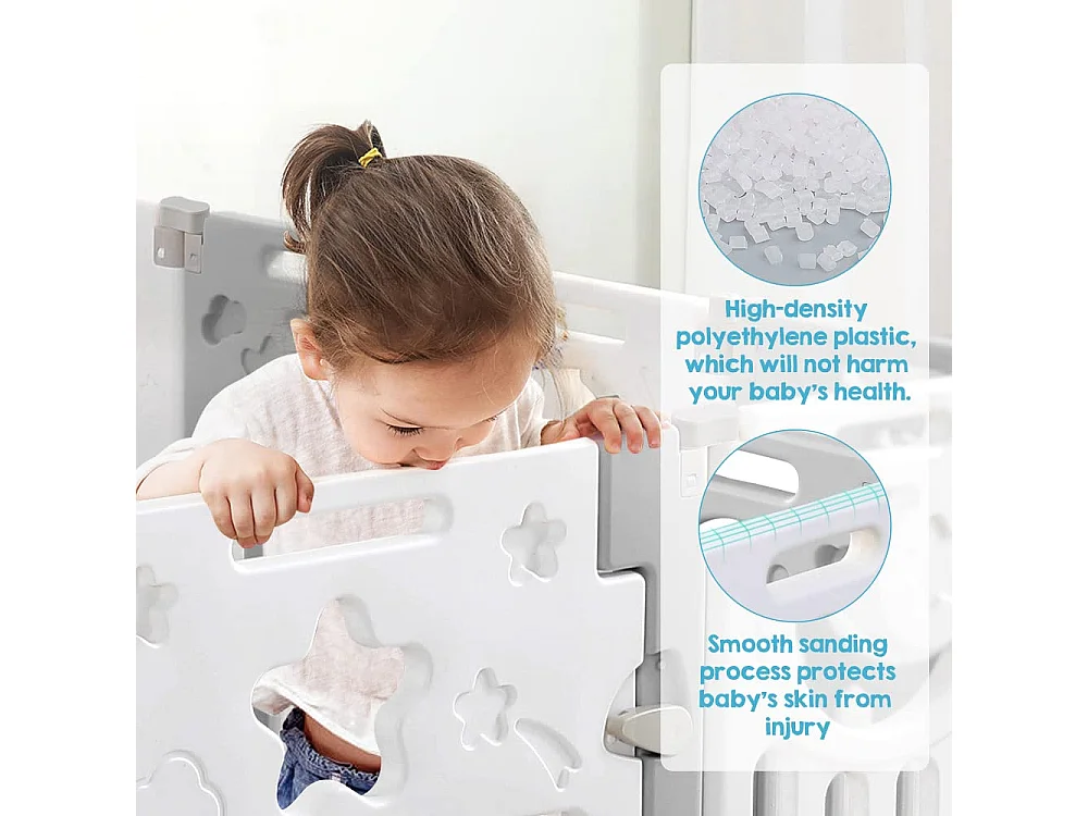 Babybox, veiligheidshek voor kinderbox, ecologische plastic babybox, plastic beschermrooster met deur (10 panelen) - grijs