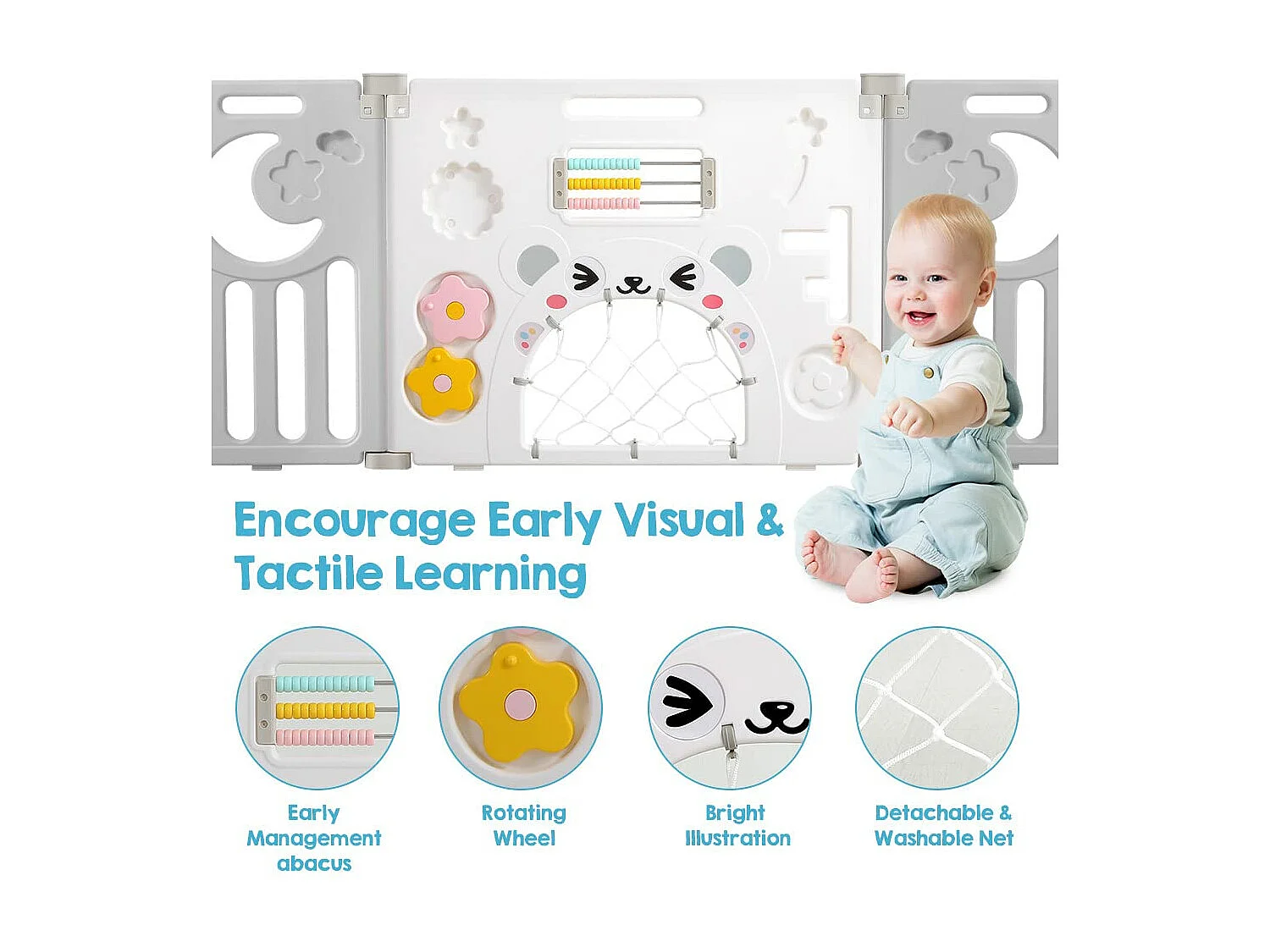 Babybox, veiligheidshek voor kinderbox, ecologische plastic babybox, plastic beschermrooster met deur (10 panelen) - grijs