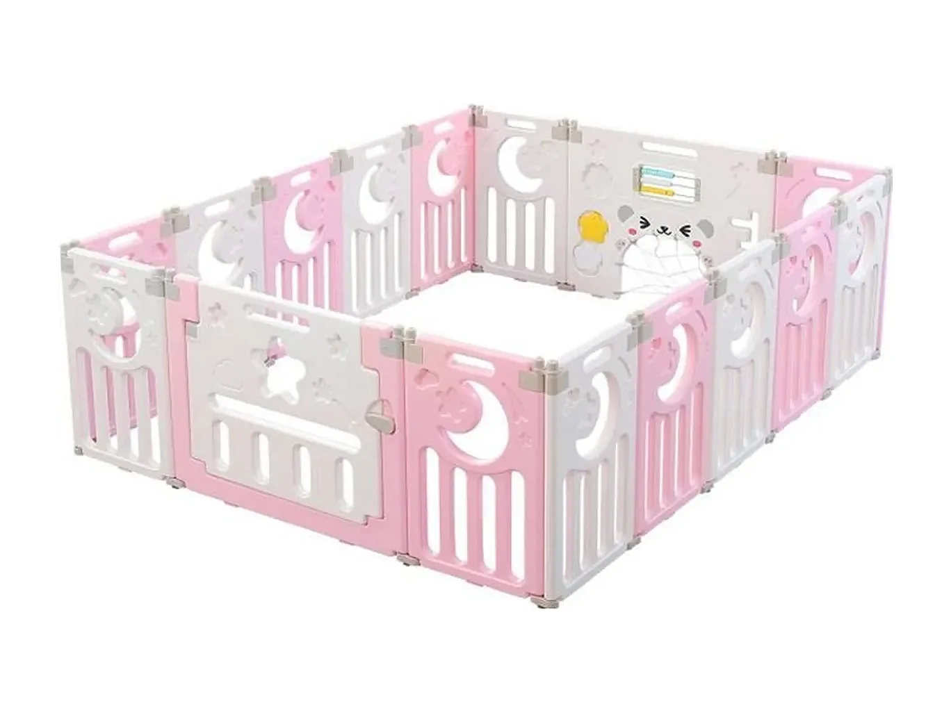 Babybox 16 panelen, XL boxpoort veiligheidshek, ecologisch plastic beschermingsrooster met deur, 150x185cm, roze