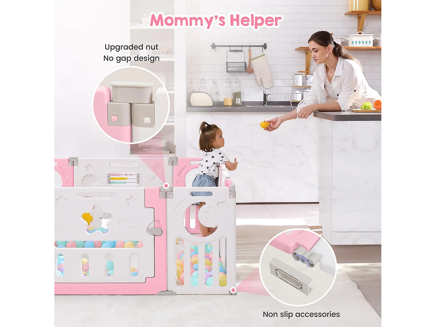 Babybox 16 panelen, XL boxpoort veiligheidshek, ecologisch plastic beschermingsrooster met deur, 150x185cm, roze