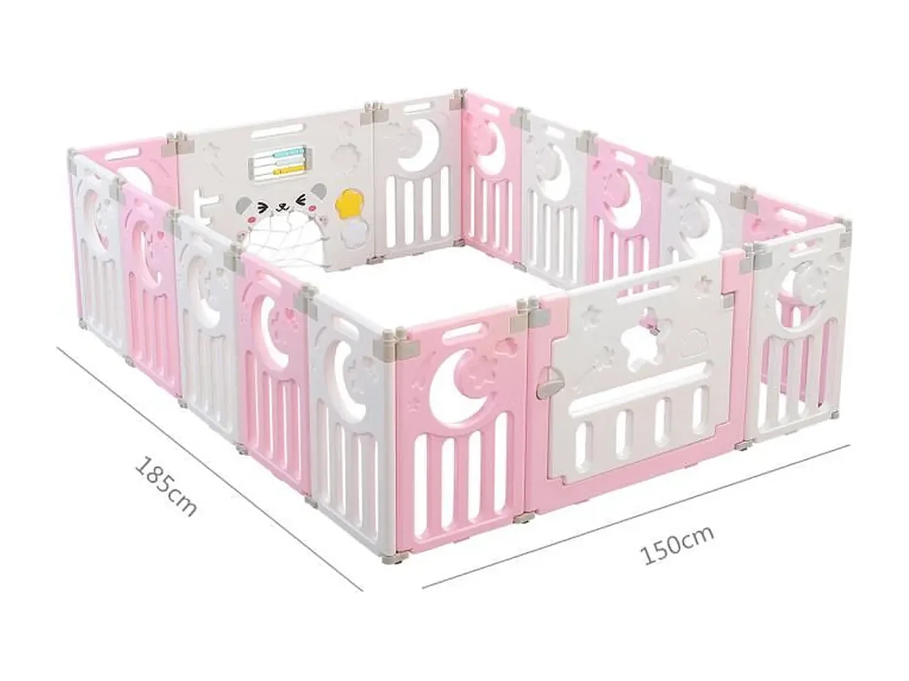 Babybox 16 panelen, XL boxpoort veiligheidshek, ecologisch plastic beschermingsrooster met deur, 150x185cm, roze