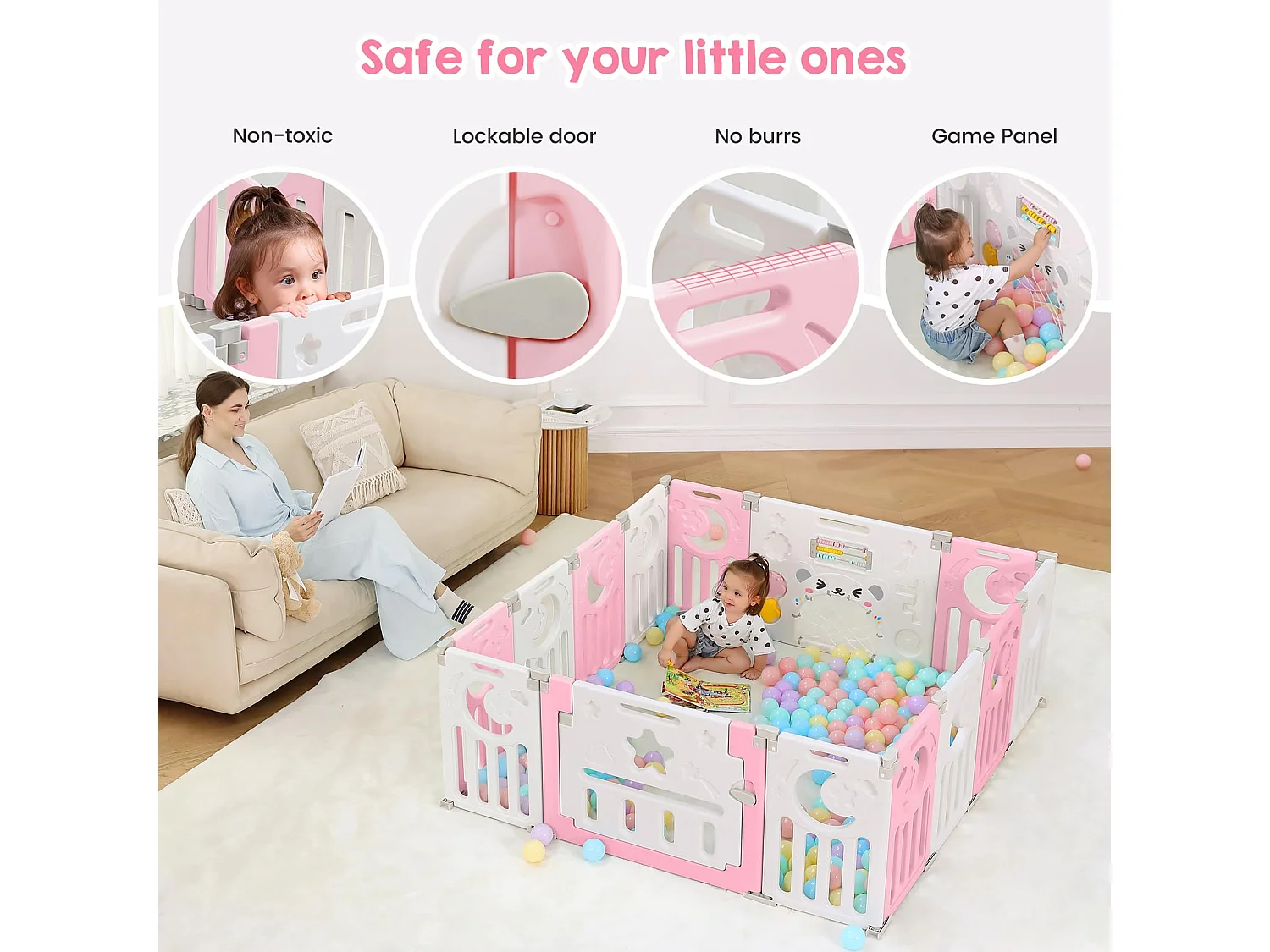 Parc Bébé 16 Panneaux,Barrière de Sécurité Portail Parc XL,Grille de Protection en Plastiqu Ecologiques avec Porte,150x185cm,Rose