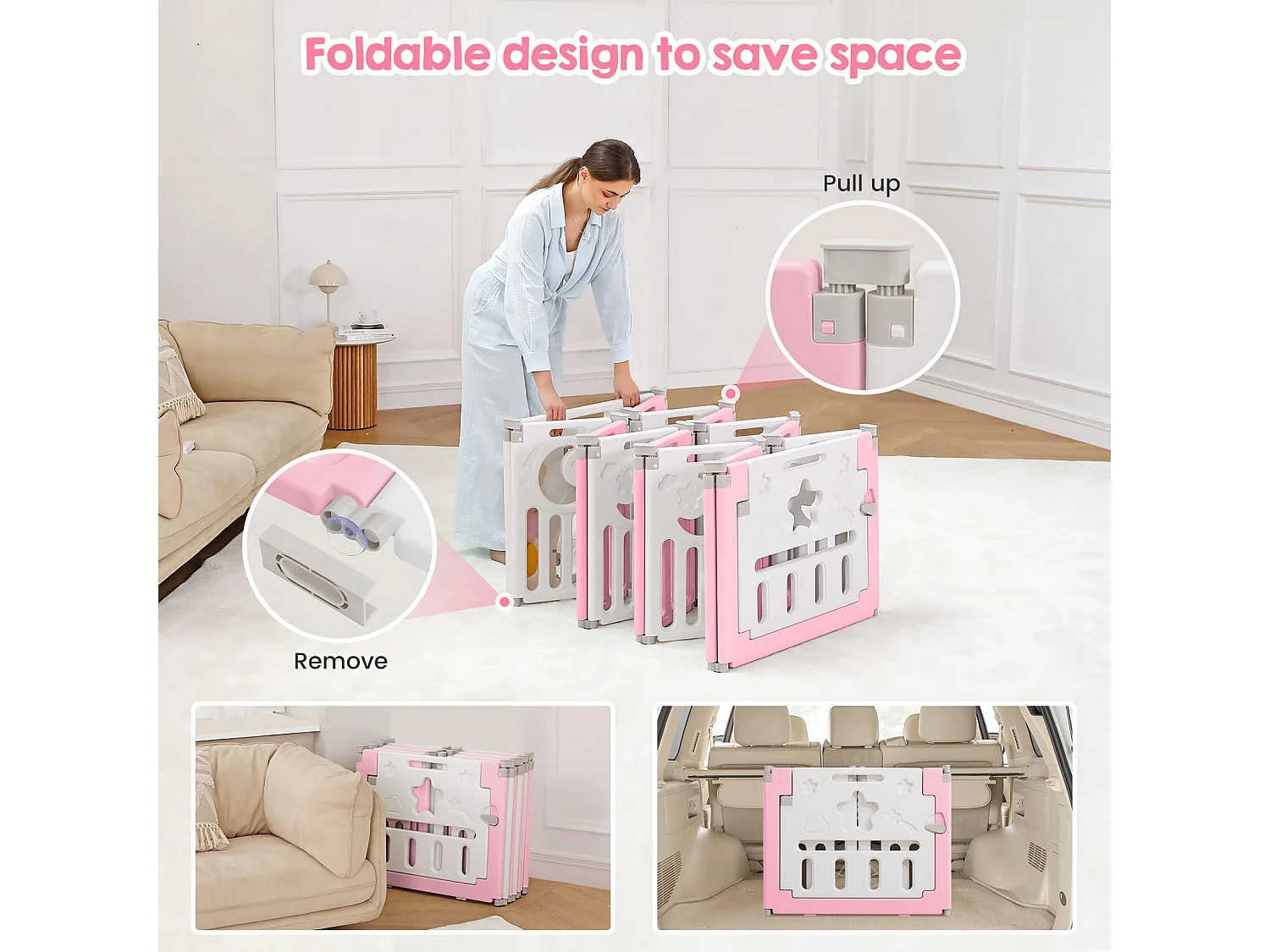 Parc Bébé 16 Panneaux,Barrière de Sécurité Portail Parc XL,Grille de Protection en Plastiqu Ecologiques avec Porte,150x185cm,Rose