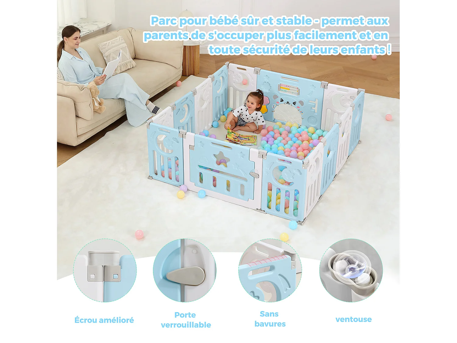 Babybox 12+2 panelen, veiligheidshek, milieuvriendelijk kunststof beschermingsrooster, 150x150x62cm - Blauw