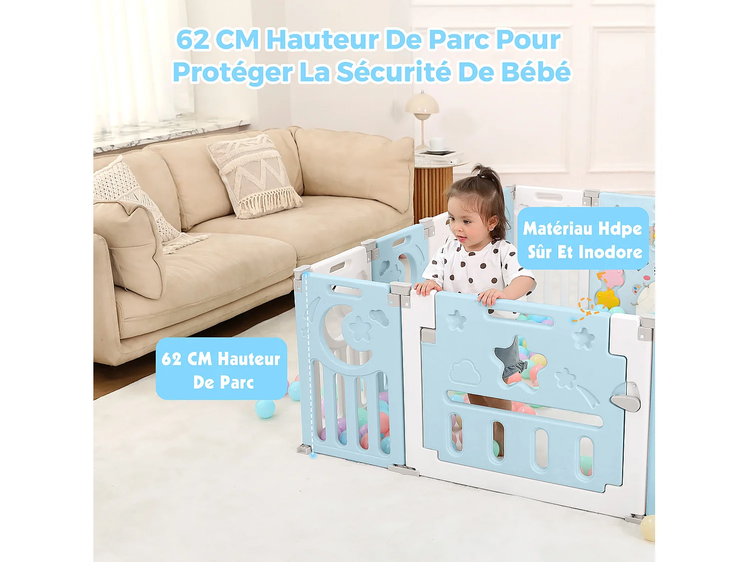 Parc Bébé 12+2 Panneaux,Barrière de Sécurité Portail,Grille de Protection en Plastiqu Ecologiques,150x150x62cm - Bleu