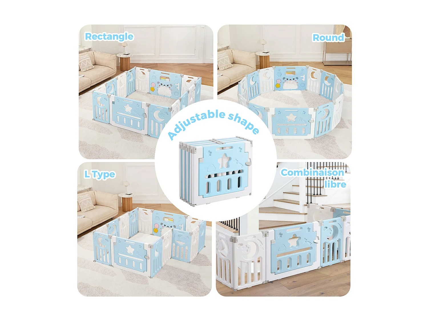 Parc Bébé 12+2 Panneaux,Barrière de Sécurité Portail,Grille de Protection en Plastiqu Ecologiques,150x150x62cm - Bleu