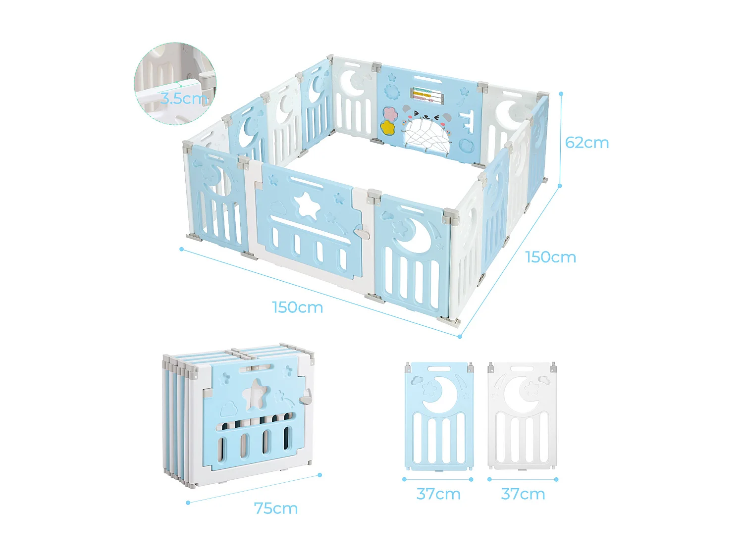 Parc Bébé 12+2 Panneaux,Barrière de Sécurité Portail,Grille de Protection en Plastiqu Ecologiques,150x150x62cm - Bleu