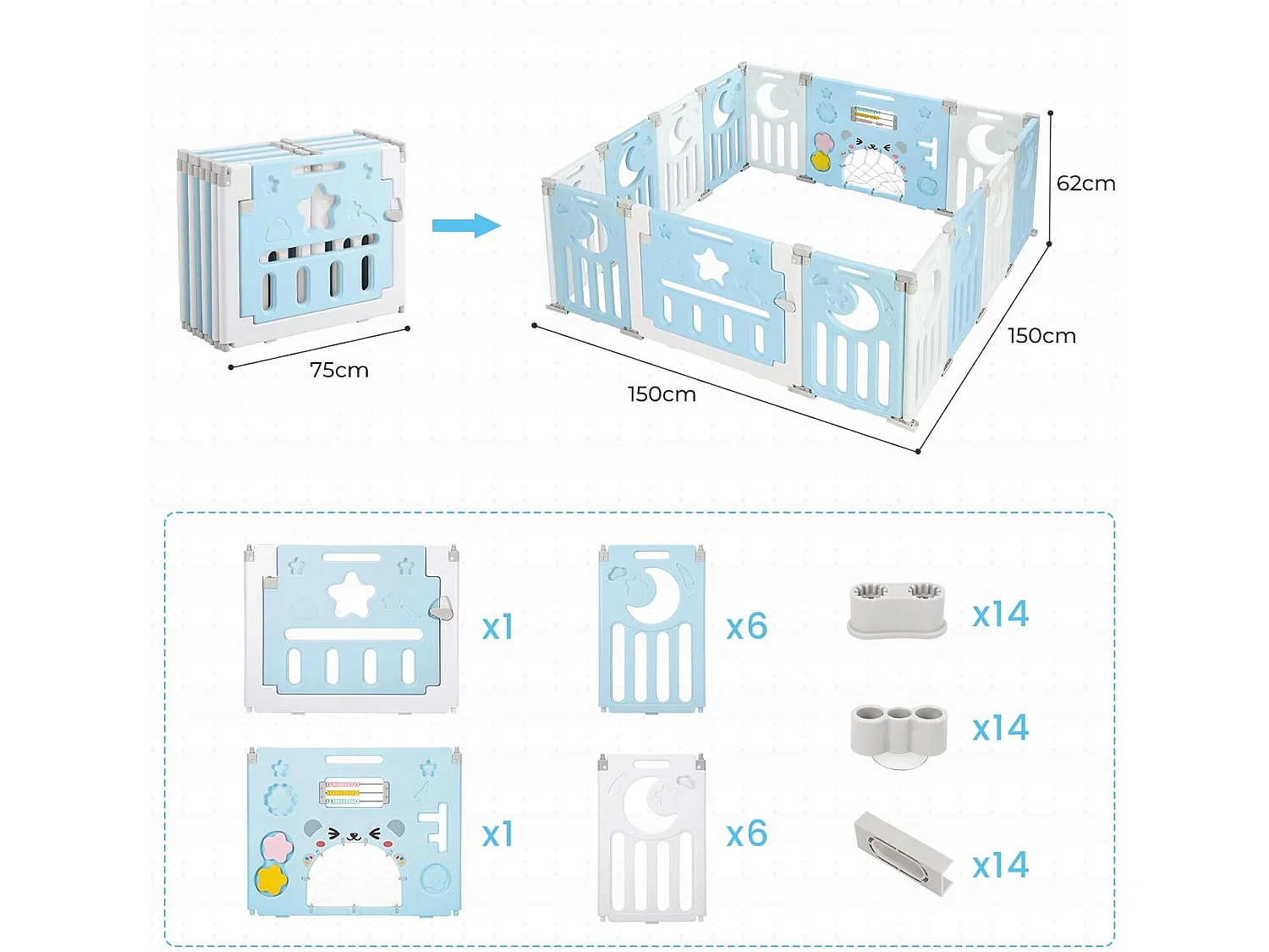 Parc Bébé 12+2 Panneaux,Barrière de Sécurité Portail,Grille de Protection en Plastiqu Ecologiques,150x150x62cm - Bleu