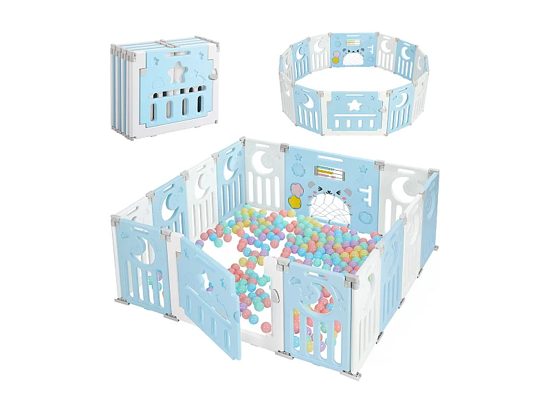 Babybox 12+2 panelen, veiligheidshek, milieuvriendelijk kunststof beschermingsrooster, 150x150x62cm - Blauw