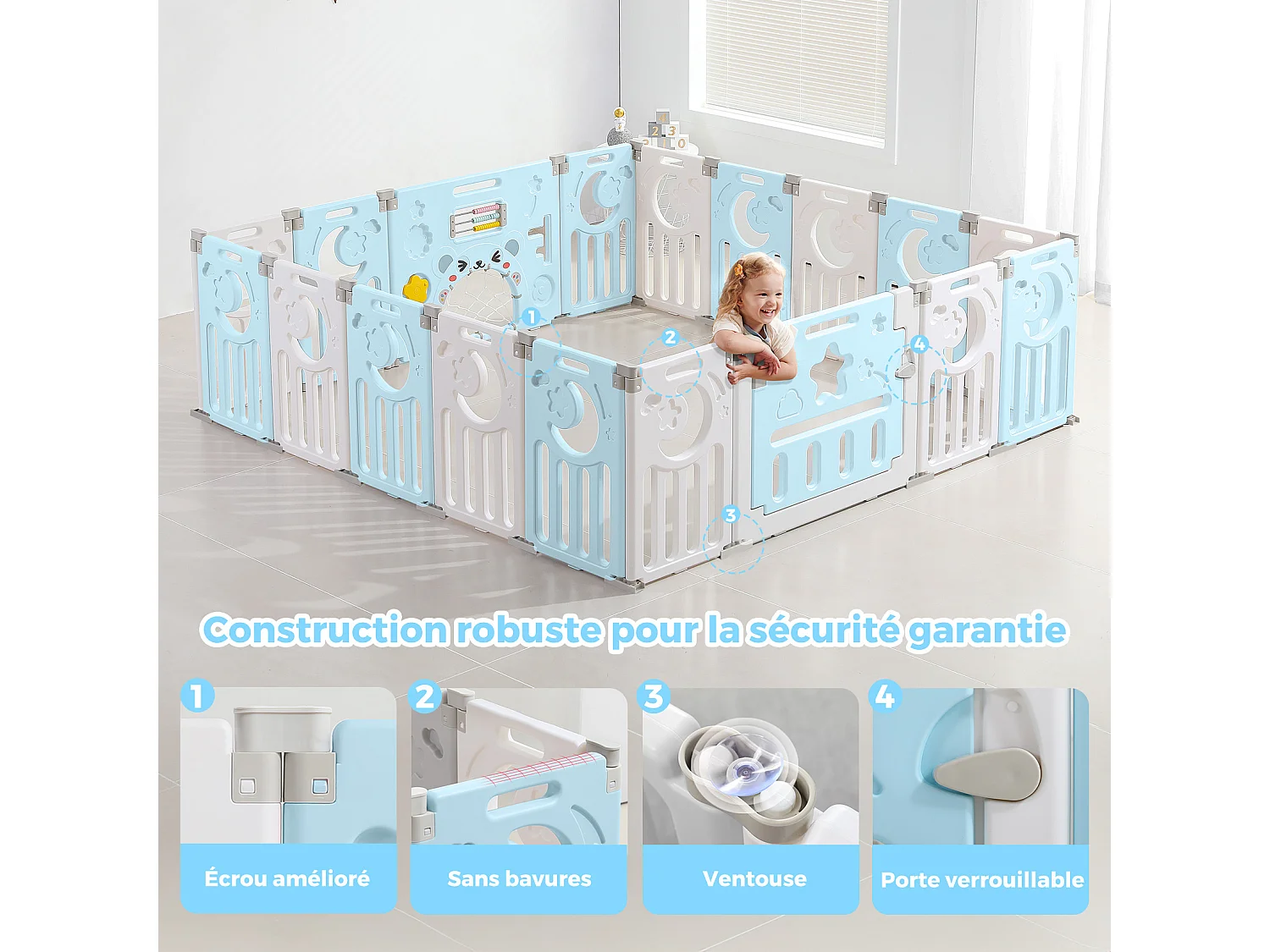 Babybox 16+2 panelen, XXL boxhekveiligheidshek, ecologisch kunststof beschermingsrooster met deur, 190x190cm-blauw