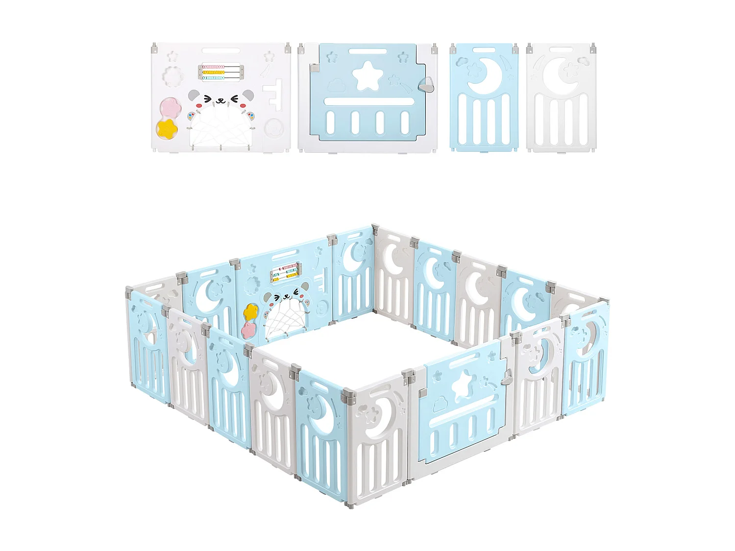 Babybox 16+2 panelen, XXL boxhekveiligheidshek, ecologisch kunststof beschermingsrooster met deur, 190x190cm-blauw