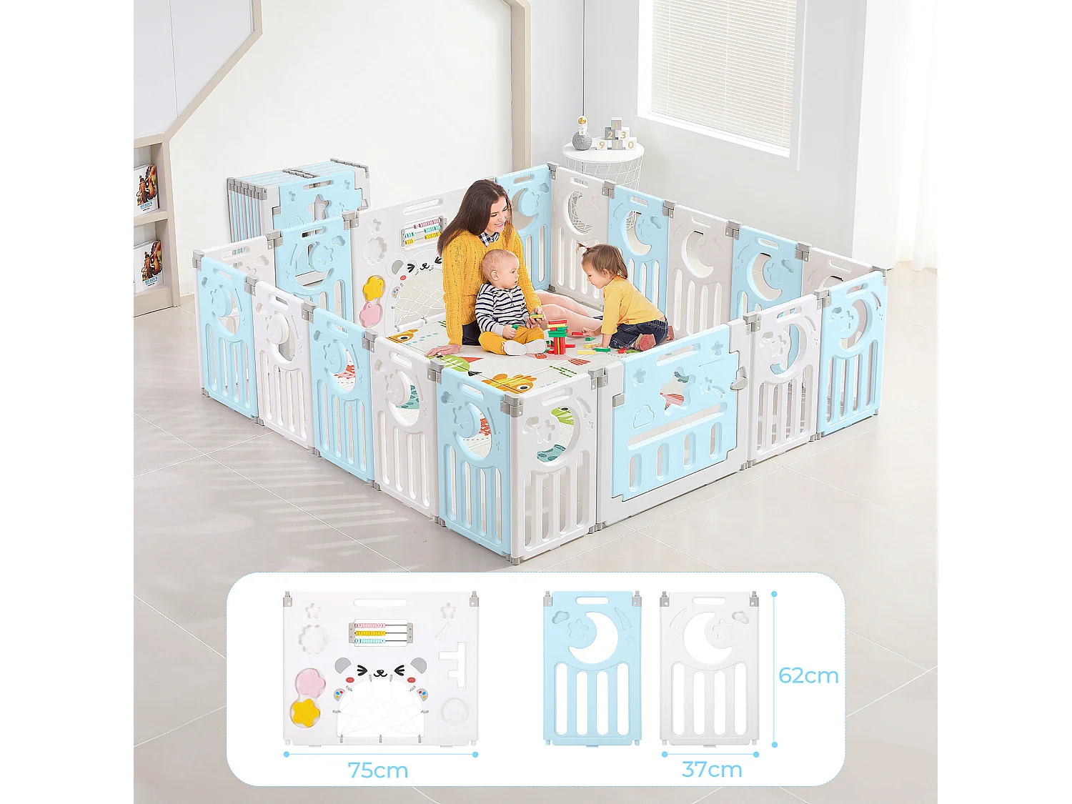 Parc Bébé 16+2 Panneaux,Barrière de Sécurité Portail Parc XXL,Grille de Protection en Plastiqu Ecologiques avec Porte,190x190cm-Bleu