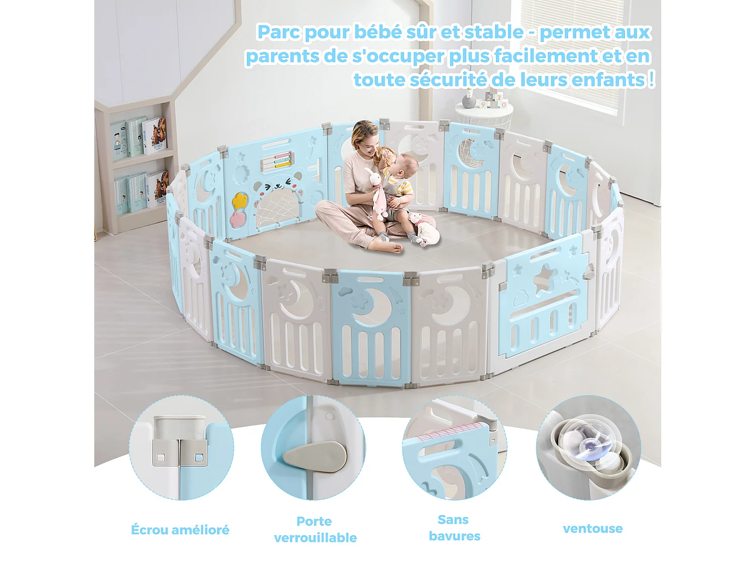 Parc Bébé 16+2 Panneaux,Barrière de Sécurité Portail Parc XXL,Grille de Protection en Plastiqu Ecologiques avec Porte,190x190cm-Bleu